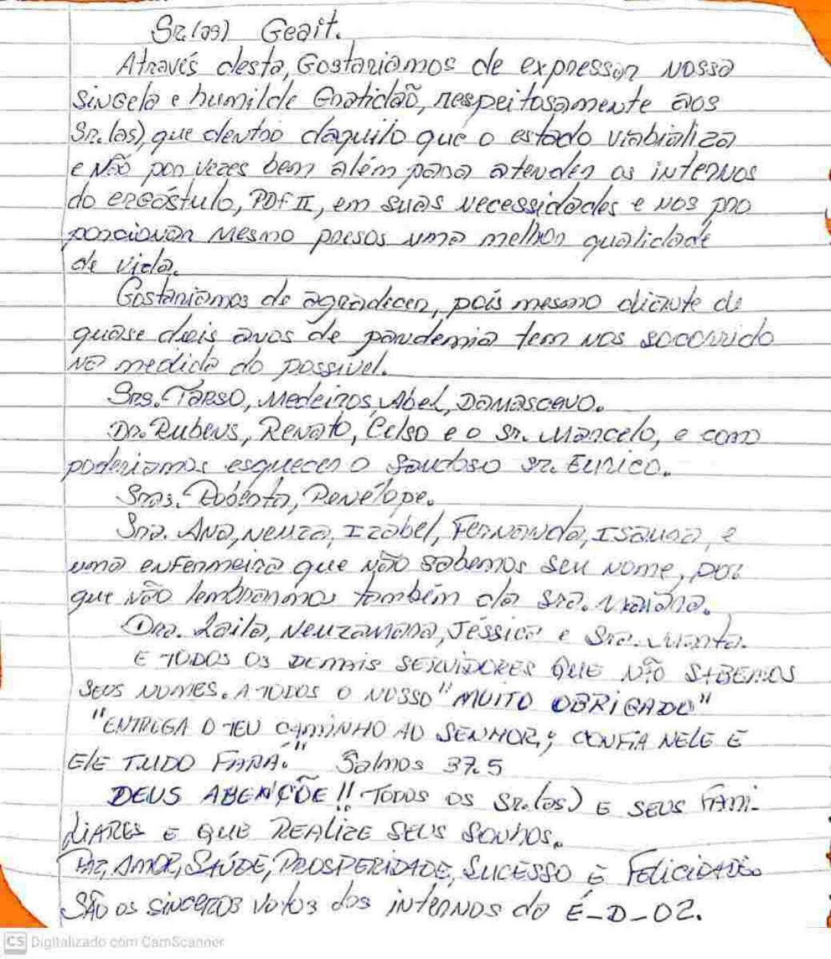 Carta de agradecimento feita por detentos da Papuda Carta de agradecimento feita por detentos da Papuda