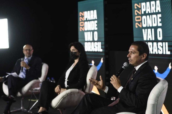 Deputado federal Marcelo Ramos (PL-AM), senadora Simone Tebet (MDB-MS) e presidente do Senado, Rodrigo Pacheco (PSD-MG), ?participam do Correio Debate ?