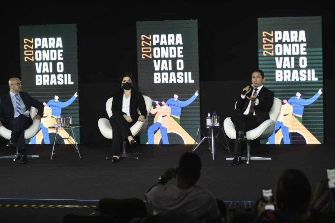 Deputado federal Marcelo Ramos (PL-AM), senadora Simone Tebet (MDB-MS) e presidente do Senado, Rodrigo Pacheco (PSD-MG), ?participam do Correio Debate ?