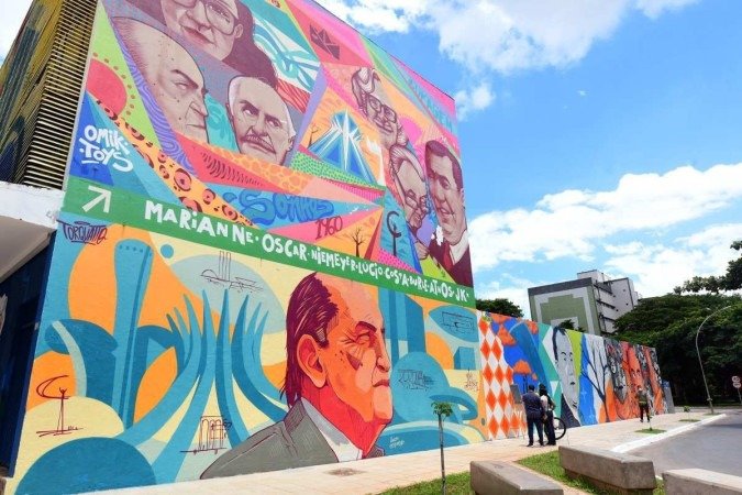 Obra de grafiteiros do DF, inaugurada em 2021, homenageia Oscar Niemeyer e Juscelino Kubitischek e conta a história da capital 
