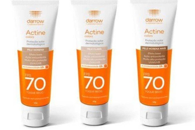 Protetor solar Actine Colors, da Darrow 
(R$ 69,90 cada)