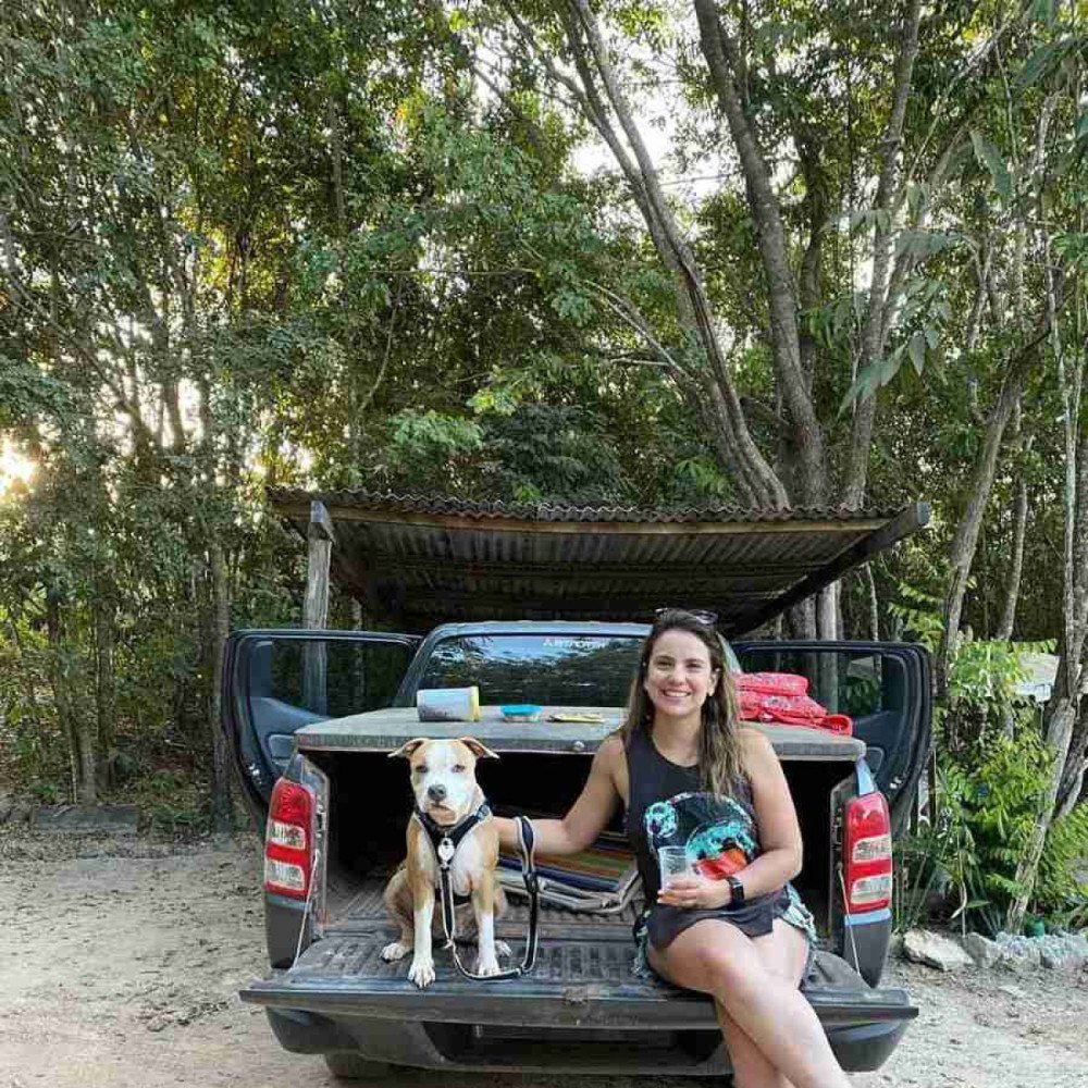 J&uacute;lia Rodr igues sempre leva Fiel, de carro, em suas viagens de f&eacute;rias: companheira j&aacute; est&aacute; acostumada