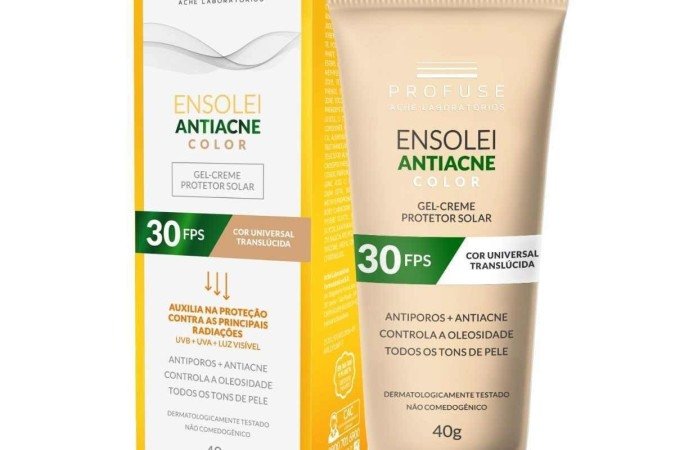  2022. Credito:Divulgacao. Revista - Vitrine de verão". Protetor solar.
Ensolei Antiacne Color FPS 30, da Profuse (R$ 72,90)
