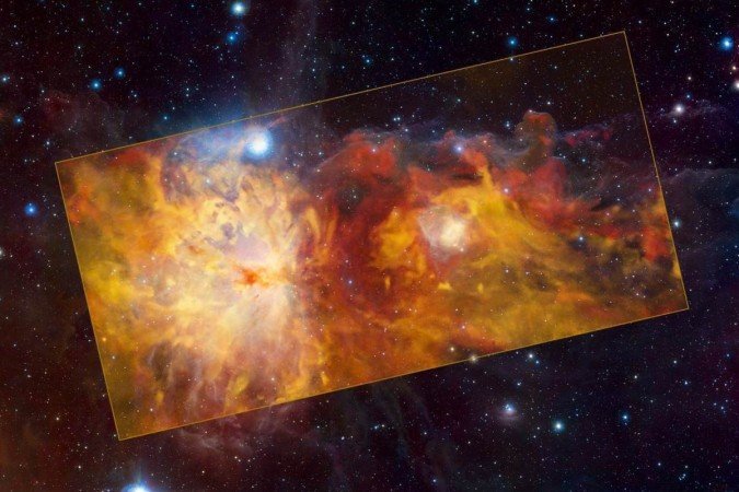 Os três objetos fazem parte da nuvem de Órion, uma estrutura gigante de gás situada a uma distância da Terra que varia entre 1300 e 1600 anos-luz. Crédito: ESO/Th. Stanke - (crédito: ESO/Th. Stanke & ESO/J. Emerson/) Os três objetos fazem parte da nuvem de Órion, uma estrutura gigante de gás situada a uma distância da Terra que varia entre 1300 e 1600 anos-luz. Crédito: ESO/Th. Stanke - (crédito: ESO/Th. Stanke & ESO/J. Emerson/)
