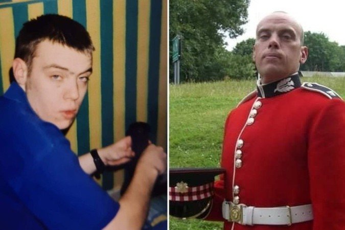 Paul Boggie foi viciado em heroína (à esquerda) por muitos anos antes de mudar de vida e se juntar à Guarda Escocesa (à direita) -  (crédito: Arquivo pessoal)