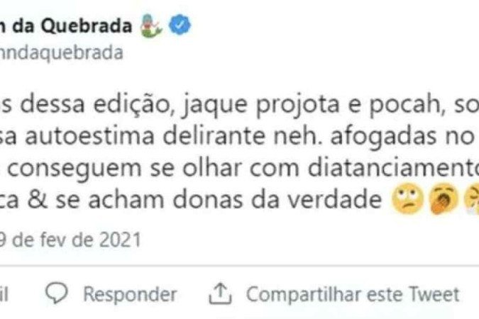 Tweet de Linn sobre Pocah no BBB21