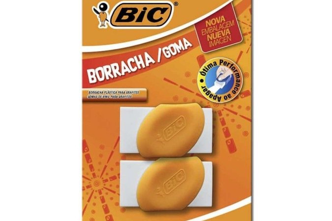 Borracha Branca com Cinta Plástica Laranja, Atóxica, Apaga Fácil, da BIC (R$ 5,80)