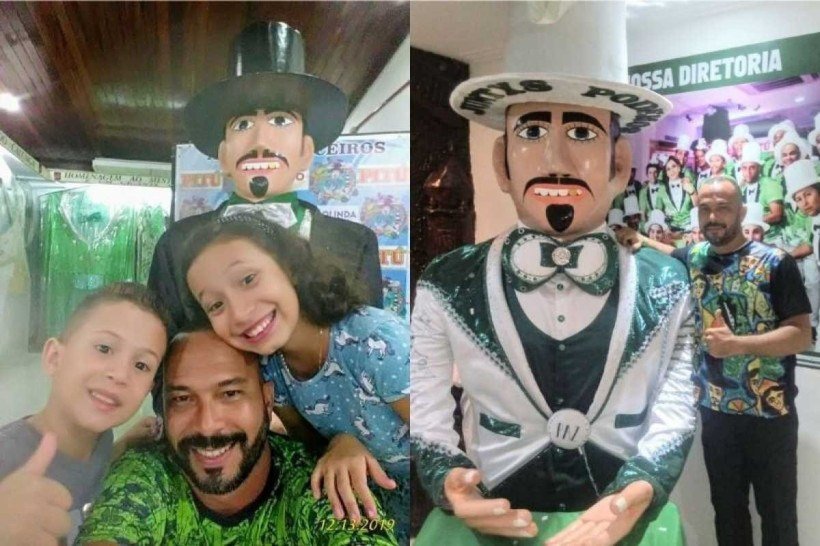 'Pena que o desfile não vai ser do jeito que gostaríamos. Mas temos fé que tudo vai passar e voltaremos a celebrar nas ladeiras de Olinda', diz Junior Paletó, 44, que aparece na foto com os filhos Marina, de 11 e Mário, de 7 anos.