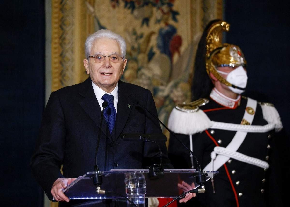  Italian re-elected 13th president Sergio Mattarella gives a speech during an official ceremony at the Quirinale palace after his swearing-in ceremony at the parliament in Rome on February 3, 2022. - After Italy's bickering political parties failed to agree on a candidate for his successor, and the threat of snap elections reared its head, Mattarella finally agreed for a second term on January 29. (Photo by GUGLIELMO MANGIAPANE / POOL / AFP)       
