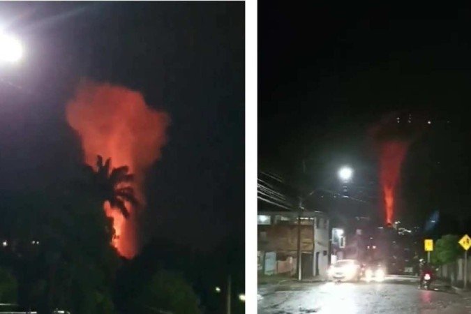 Moradores se assustaram com barulho e fogo projetado na siderúrgica, que pode ser visto em diferentes pontos da cidade - (crédito: Twitter/Reprodução) Moradores se assustaram com barulho e fogo projetado na siderúrgica, que pode ser visto em diferentes pontos da cidade - (crédito: Twitter/Reprodução)