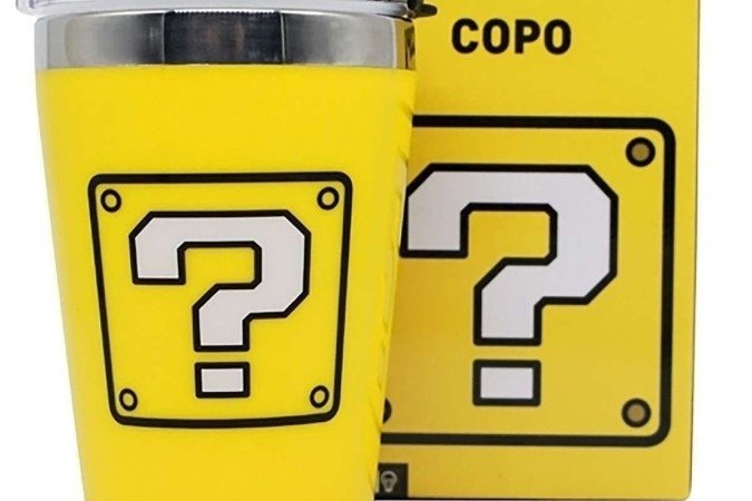 Copo Super Mario Bloco de Interrogação Semitérmico Oficial, no Submarino 
(R$ 49,90)