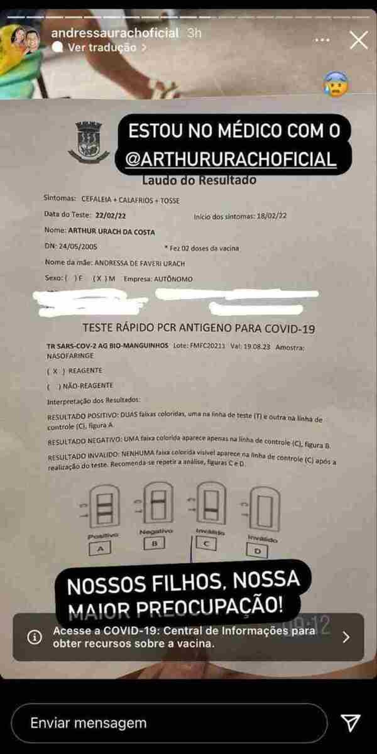 Arthur, filho mais velho de Andressa testa positivo para Covid-19
