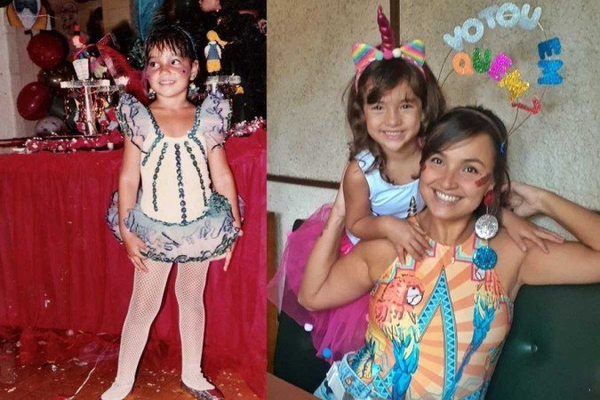 Caroline fantasiada de bailarina, quando criança, e hoje, junto a sua filha Laura, que também adora comemorar o carnaval