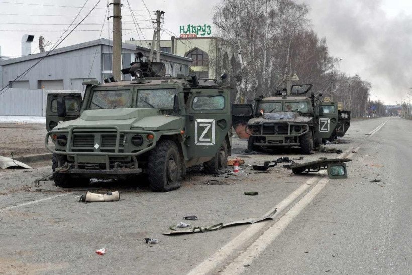  This picture shows Russian infantry mobility vehicles GAZ Tigr destroyed as a result of fight in Kharkiv, located some 50 km from Ukrainian-Russian border, on February 28, 2022. (Photo by Sergey BOBOK / AFP)
      
