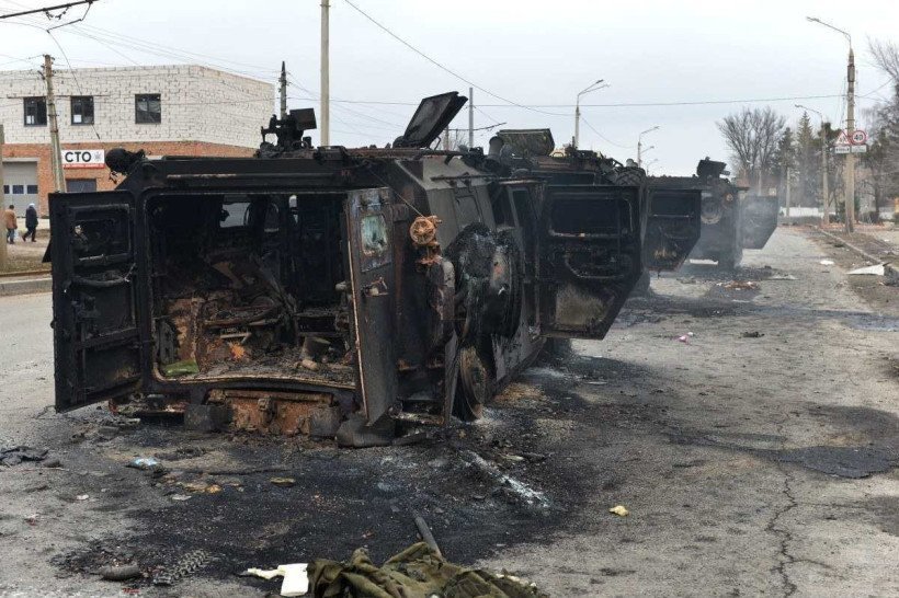  This picture shows Russian infantry mobility vehicles GAZ Tigr destroyed as a result of fight in Kharkiv, located some 50 km from Ukrainian-Russian border, on February 28, 2022. (Photo by Sergey BOBOK / AFP)
      