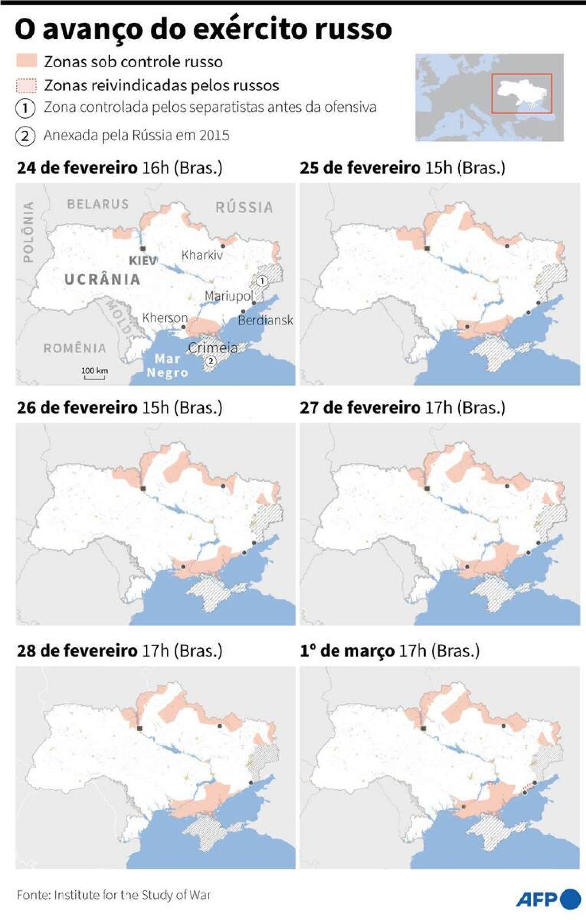 Infografía miércoles 2/3 - Mapa de Ucrania que compara las áreas controladas por Rusia del 24 de febrero al 1 de marzo