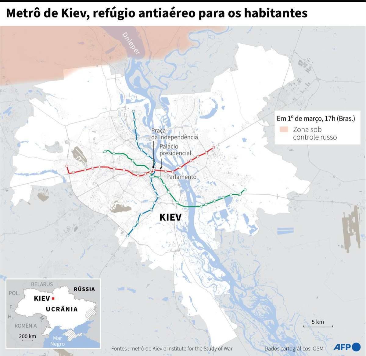 Infografía Miércoles 2/3 - Mapa de Kiev con la ubicación de las tres líneas de metro de la capital ucraniana, y la zona de la ciudad controlada por Rusia, el 1 de marzo a las 17 h (Brass).