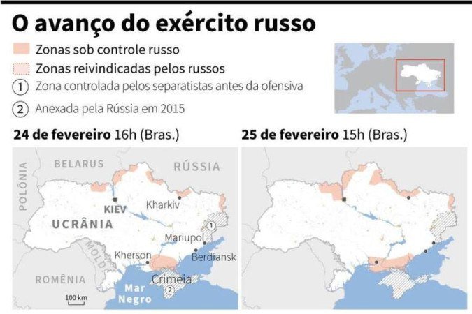 Infograficos quarta-feira 2/3 - Mapa da Ucrânia comparando as zonas sob controle russo de 24 de fevereiro a 1º de março