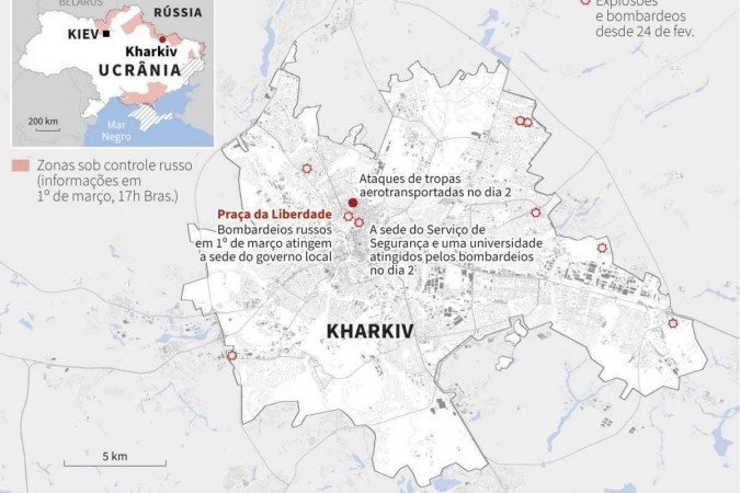 Infograficos quarta-feira 2/3 - Localização das explosões e bombardeios desde 24 de fevereiro no centro de Kharkiv, segunda maior cidade da Ucrânia.

Crédito: Simon MALFATTO, Sophie RAMIS, Maria-Cecilia REZENDE, Kenan AUGEARD / AFP