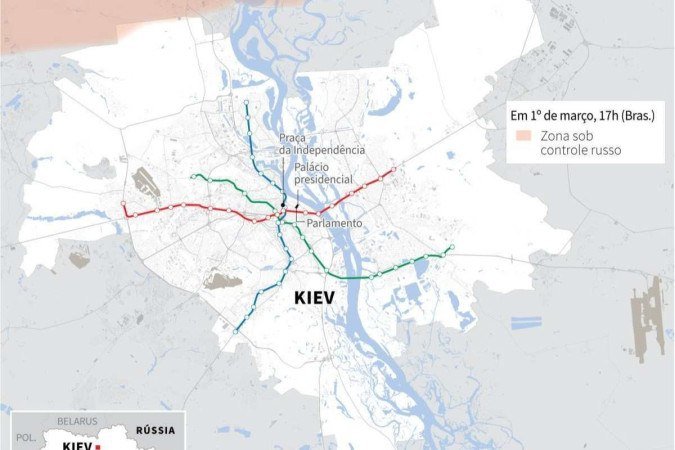 Infograficos quarta-feira 2/3 - Mapa de Kiev com a localização das três linhas de metrô da capital ucraniana, e a zona sob controle russo da cidade, em 1 de março às 17h (Bras.).