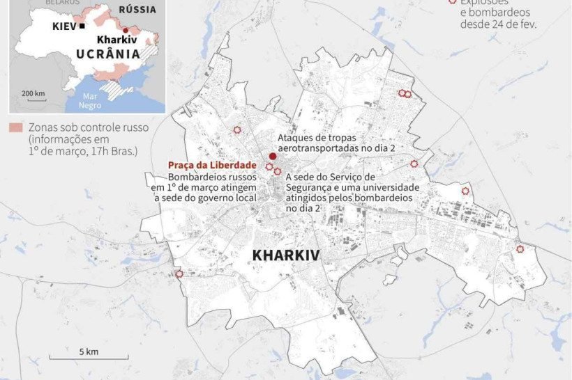 Infograficos quarta-feira 2/3 - Localização das explosões e bombardeios desde 24 de fevereiro no centro de Kharkiv, segunda maior cidade da Ucrânia.

Crédito: Simon MALFATTO, Sophie RAMIS, Maria-Cecilia REZENDE, Kenan AUGEARD / AFP