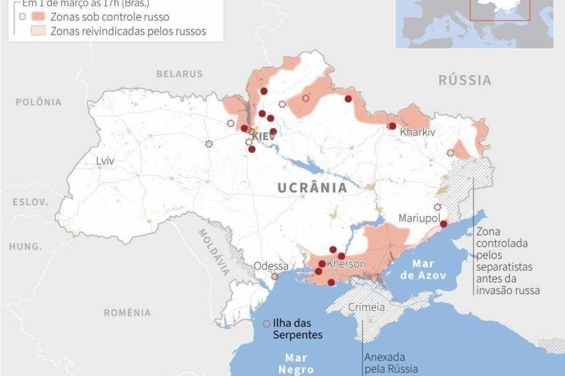 Infograficos quarta-feira 2/3 - Mapa com a localização das explosões, dos bombardeios e combates entre o exército ucraniano e russo, e as zonas sob controle russo, em 2 de março às 14h (Bras.).