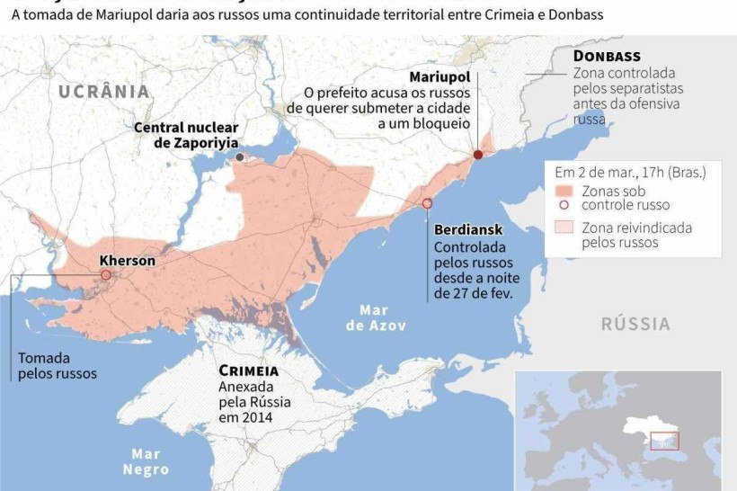 Infograficos quinta-feira 3/3 - Mapa do sudeste da Ucrânia com localização das cidades de Kherson, Berdiansk e Mariupol, da central nuclear de Zapiriyia e das zonas controladas pelos russos em 2 de março às 17h (Bras.).