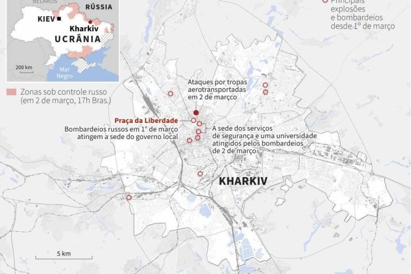 Infograficos quinta-feira 3/3 - Localização das explosões e bombardeios desde 1º de março no centro de Kharkiv, segunda maior cidade da Ucrânia.
