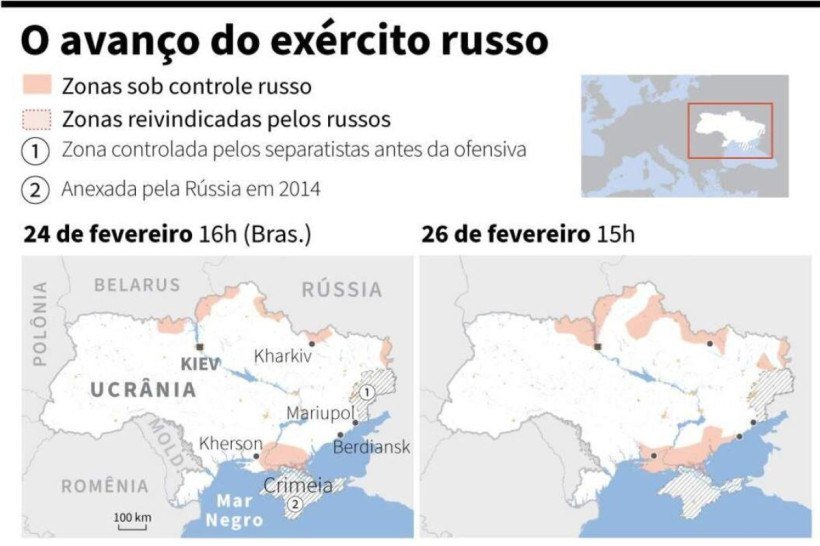 Infograficos quinta-feira 3/3 - Mapa da Ucrânia comparando as zonas sob controle russo de 24 de fevereiro a 2 de março.
