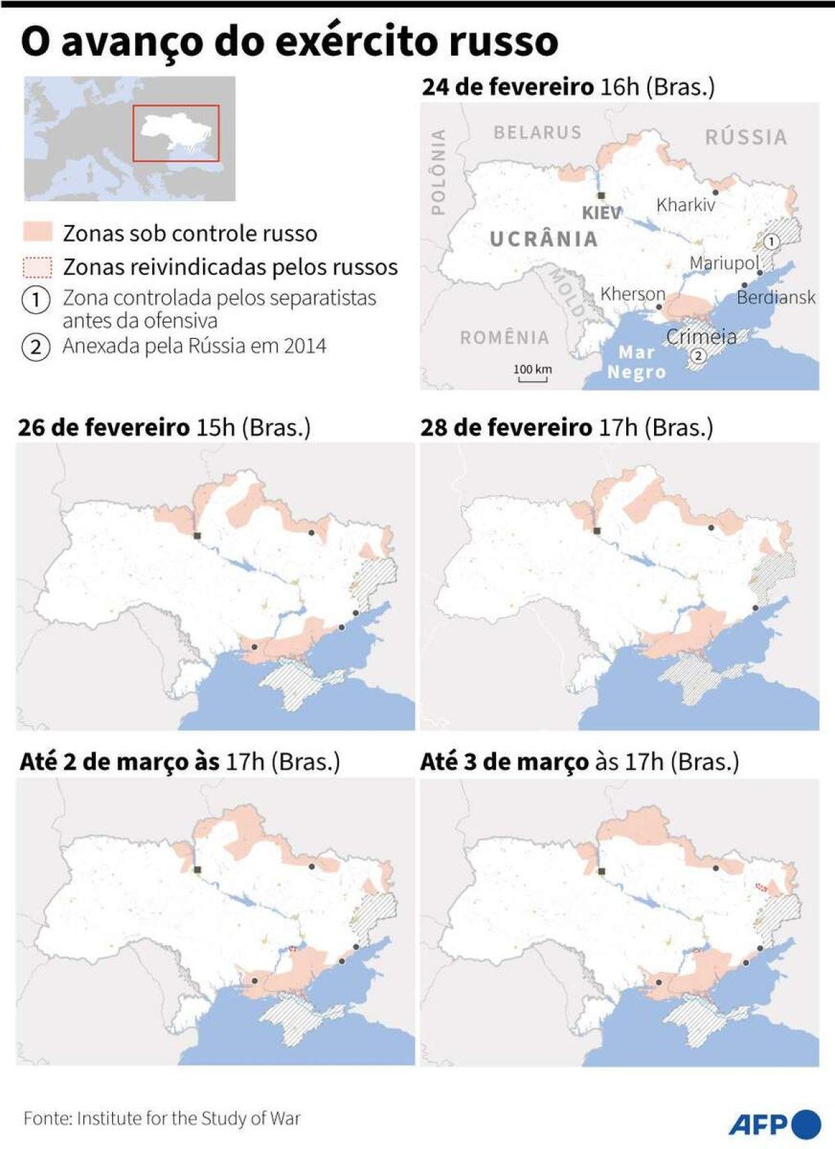 Mapa da Ucrânia em que se comparam as zonas sob controle russo de 24 de fevereiro até o dia 3 de março
