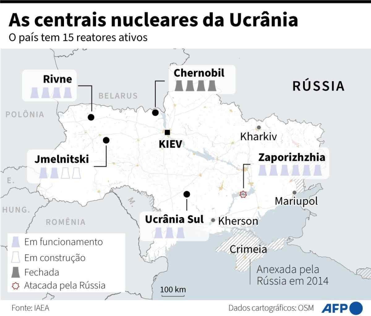 Infograficos sexta-feira 4/3 - Mapa com a localização das centrais nucleares da Ucrânia.

