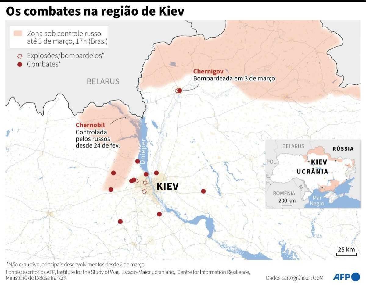 Mapa da região de Kiev situando os principais combates e bombardeios da Rússia ao redor da cidade, entre 2 e 4 de março.