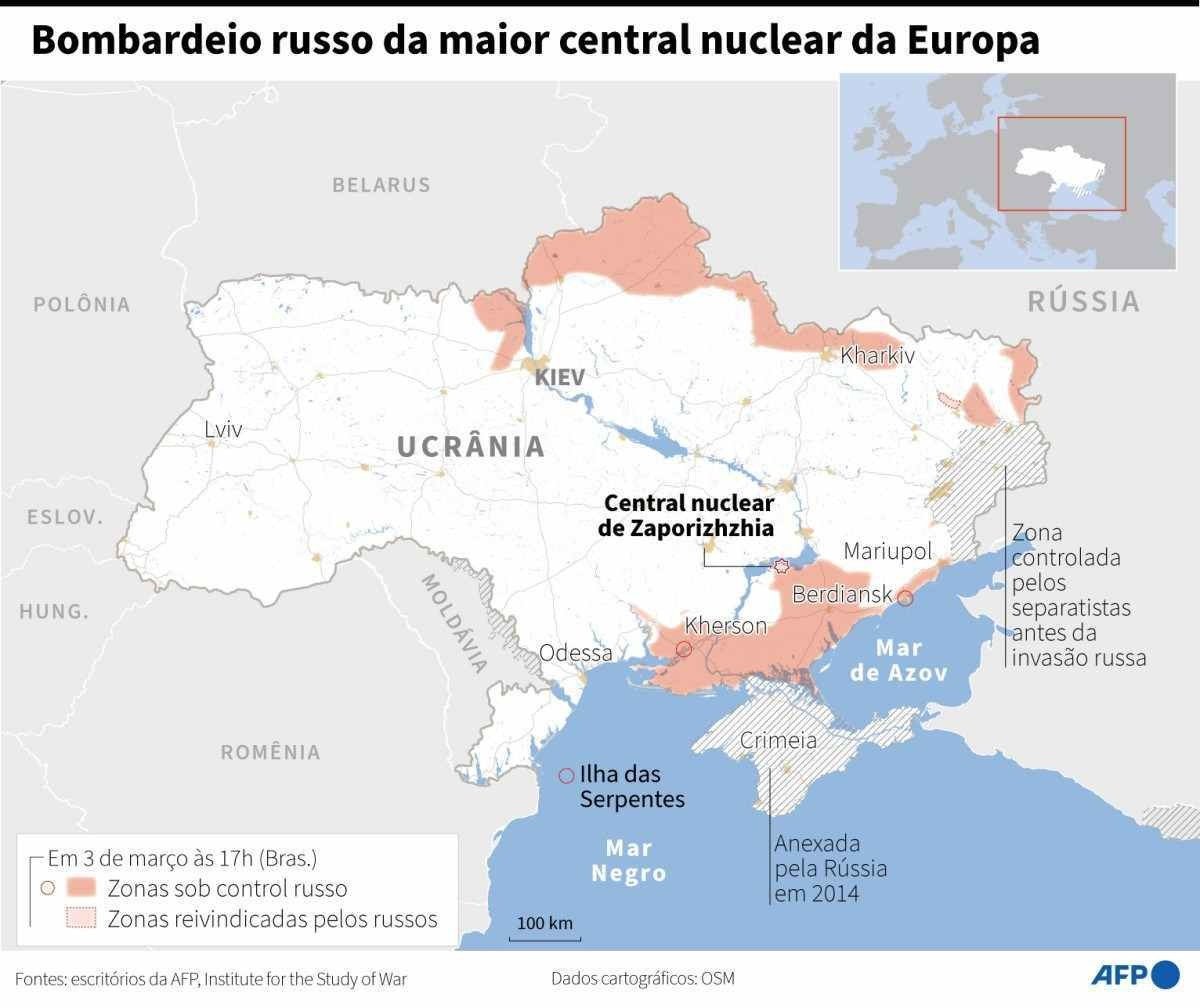 Infograficos sexta-feira 4/3 - Mapa da Ucrânia com localização da central nuclear de Zaporizhzhia e as zonas controladas pelas tropas russas em 3 de março.