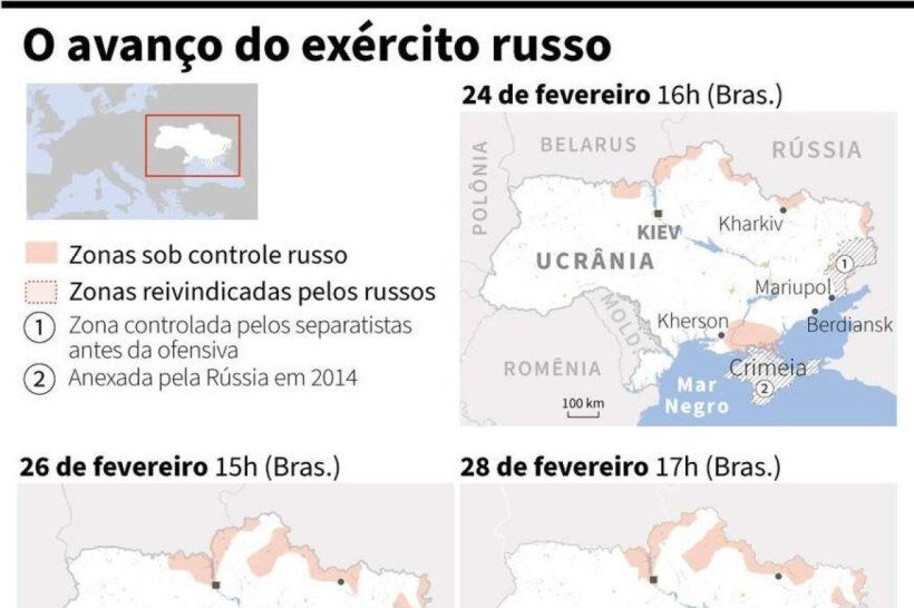 Mapa da Ucrânia em que se comparam as zonas sob controle russo de 24 de fevereiro até o dia 3 de março
