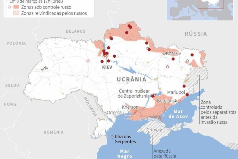 Infograficos sexta-feira 4/3 - Mapa com a localização das principais explosões, dos bombardeios e combates entre o exército ucraniano e russo com as zonas sob controle russo, em 4 de março às 14h (Bras.).
