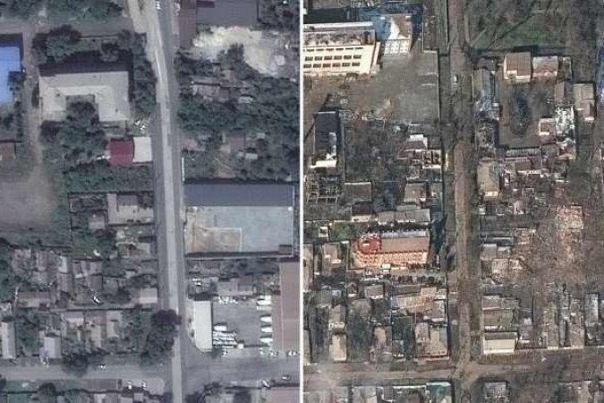 Em imagens obtidas pela Maxar, é possível ver o antes e depois de um bairro residencial