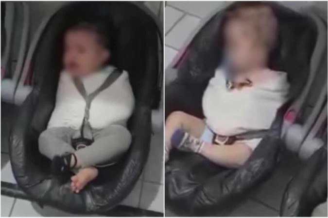 No vídeo, é possível ver dois bebês amarrados no bebê conforto e enfaixados, de forma a não conseguirem se mobilizar, em uma espécie de ‘camisa de força’ no banheiro - (crédito: Cristina Gardão/Facebook) No vídeo, é possível ver dois bebês amarrados no bebê conforto e enfaixados, de forma a não conseguirem se mobilizar, em uma espécie de ‘camisa de força’ no banheiro - (crédito: Cristina Gardão/Facebook)