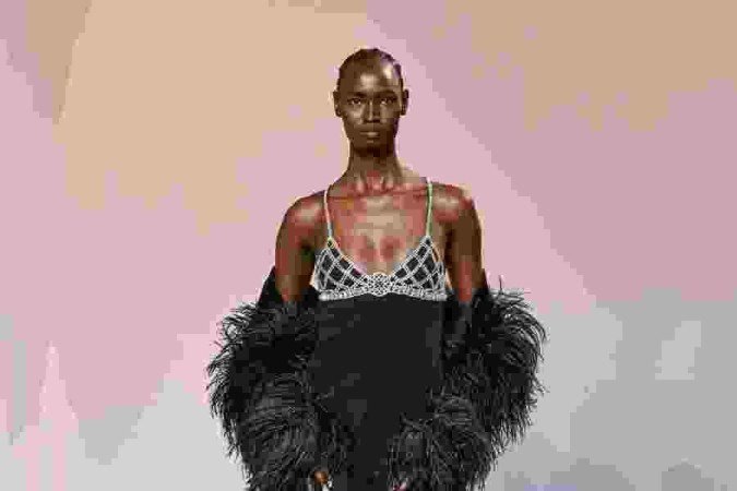 Posicionando as plumas enquanto herança chique, Elie Saab as trouxe acompanhando um modelo aberto, com bordado e pedrarias