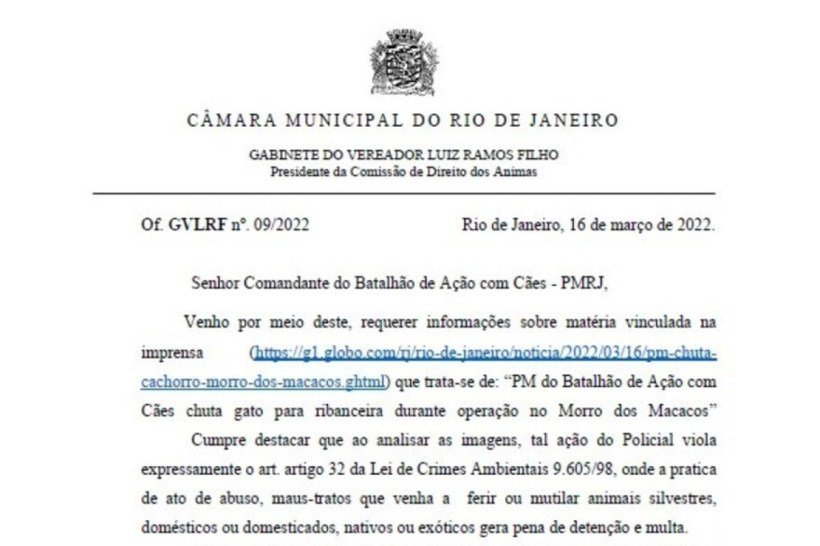 Representação encaminhada ao Comandante do Batalhão de Ação com Cães enviada pelo vereador Luiz Ramos Filho
