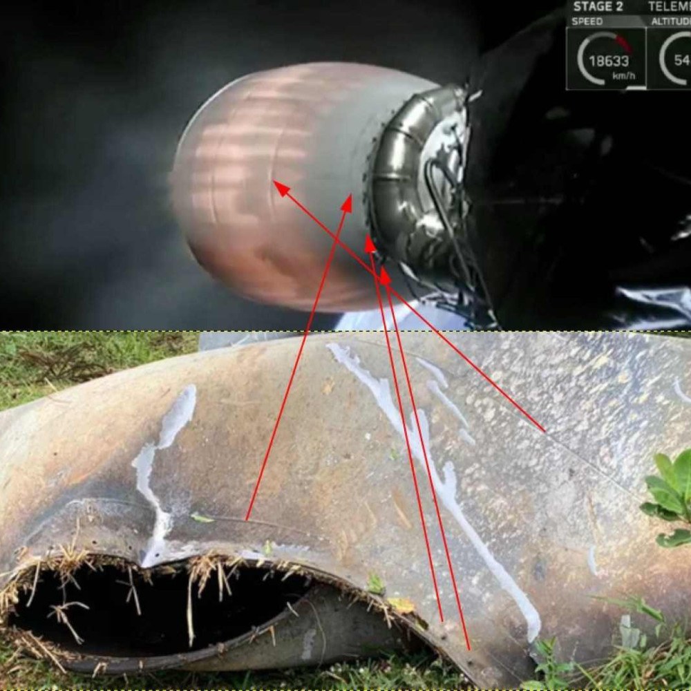 Semelhança entre a tubeira do segundo estágio do Falcon 9 (acima) e o objeto encontrado em São Mateus do Sul (abaixo)