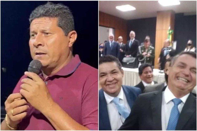 O prefeito Gilberto Braga revelou pedido de barra de ouro de Arilton Moura, que aparece ao lado de Bolsonaro na foto da direita. No registro, ainda é possível ver o pastor Gilmar Santos, em segundo plano, e o ministro da Educação ao fundo - (crédito: Instagram/Reprodução) O prefeito Gilberto Braga revelou pedido de barra de ouro de Arilton Moura, que aparece ao lado de Bolsonaro na foto da direita. No registro, ainda é possível ver o pastor Gilmar Santos, em segundo plano, e o ministro da Educação ao fundo - (crédito: Instagram/Reprodução)