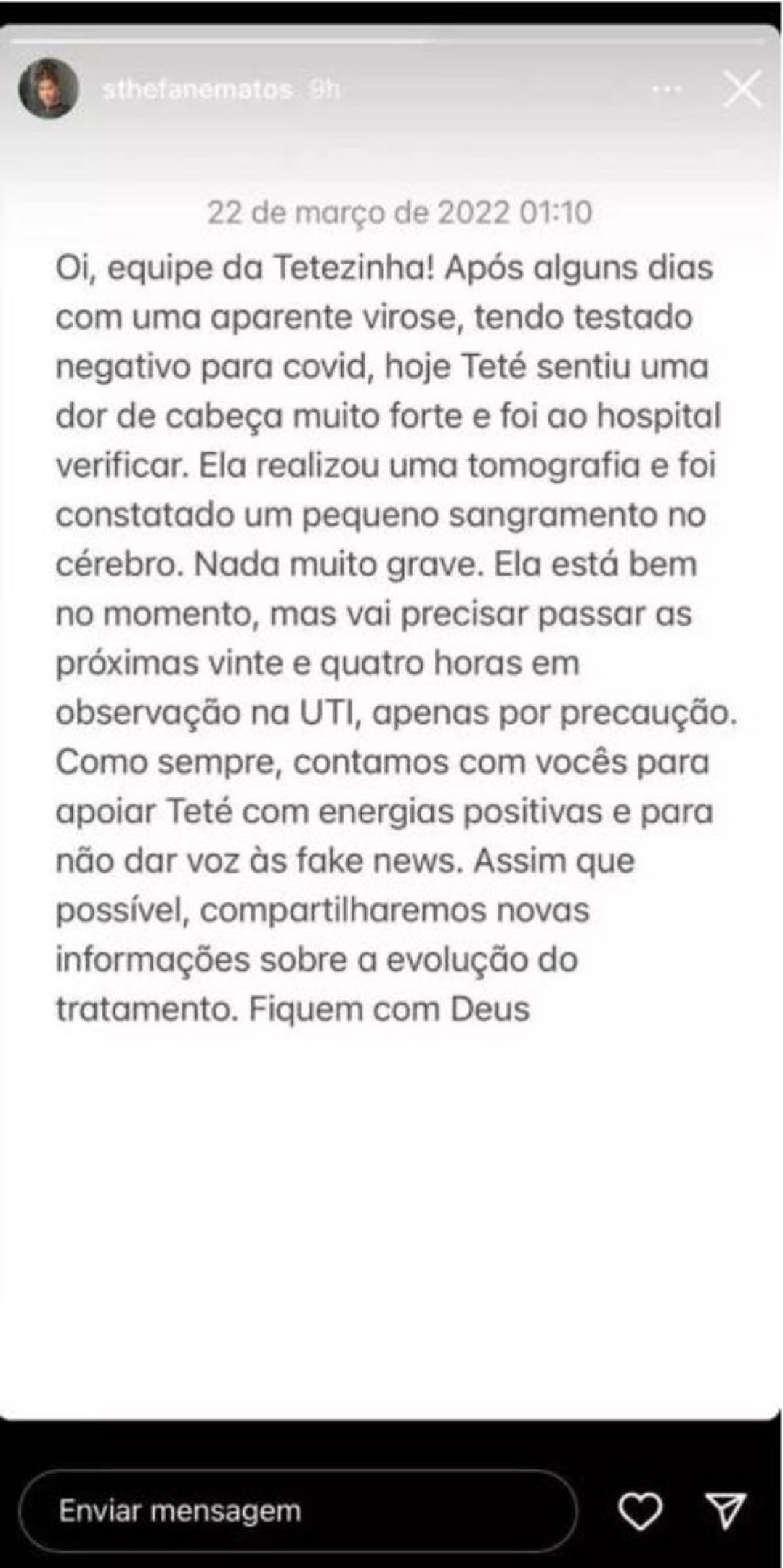 Nota sobre o ocorrido feito pela a assessoria de Sthe Matos
