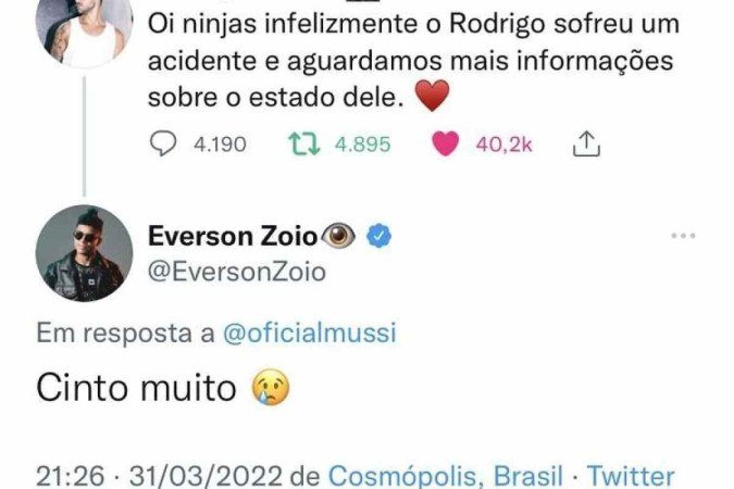 "Cinto muito", disse o youtuber Everson Zoio em referência à falta do uso de cinto de segurança de Rodrigo Mussi no transporte da 99 em que estava antes de sofrer o acidente de carro