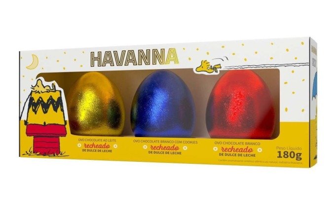 Trio Mini Ovos Kids, da Havanna, 150g (R$ 69)Mini ovos de chocolate ao leite, branco e cookie recheados de Dulce de Leche