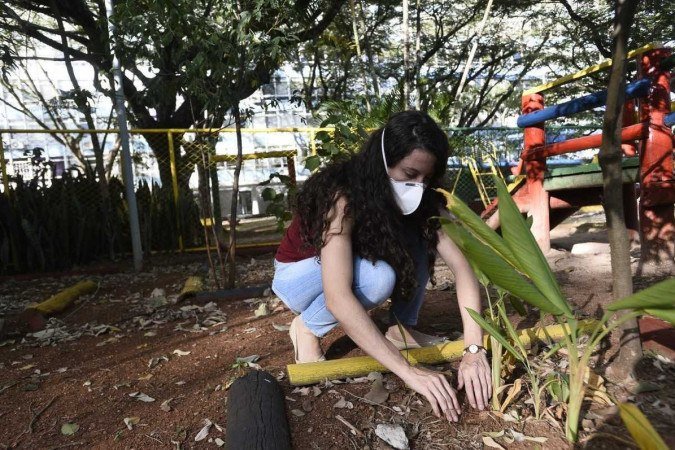  06/04/2022 Crédito: Minervino Júnior/CB/D.A Press. Brasil.  Brasilia - DF. Caderno Brasília. Horta comunitária na 114 sul. Giovanna Bitencourt(cam vermelha) e Suzana Ramos.