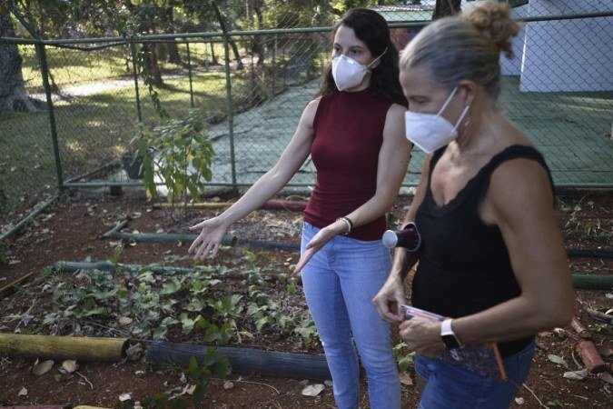  06/04/2022 Crédito: Minervino Júnior/CB/D.A Press. Brasil.  Brasilia - DF. Caderno Brasília. Horta comunitária na 114 sul. Giovanna Bitencourt(cam vermelha) e Suzana Ramos.