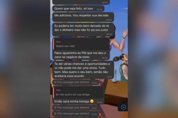 Reprodução de conversas trocadas pelo WhatsApp entre servidor público aposentado do GDF, de 57 anos, e uma estudante de direito, de 27