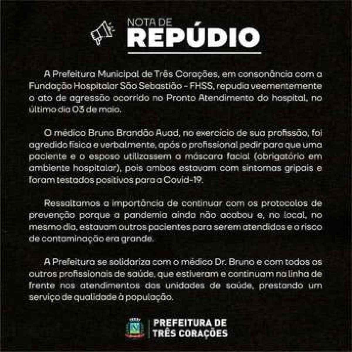 Prefeitura de Três Corações envia nota de repúdio ao caso