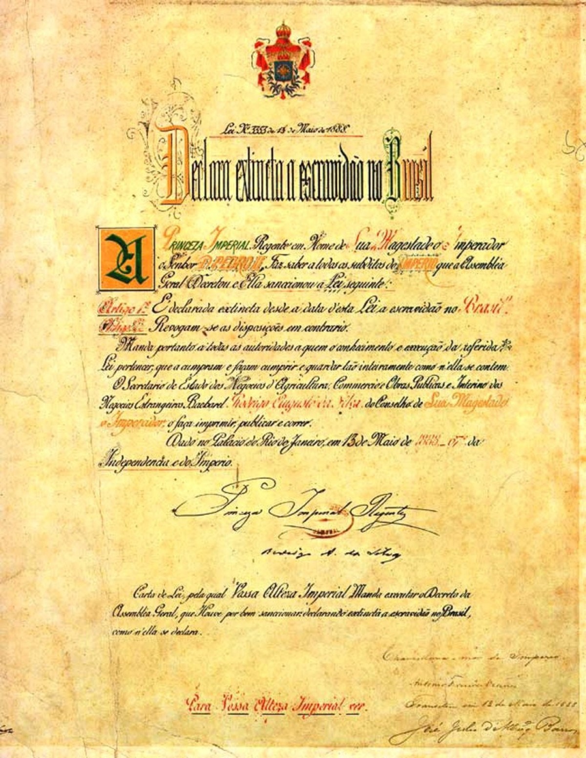Cópia da lei original assinada em 1888 pela princesa Isabel.