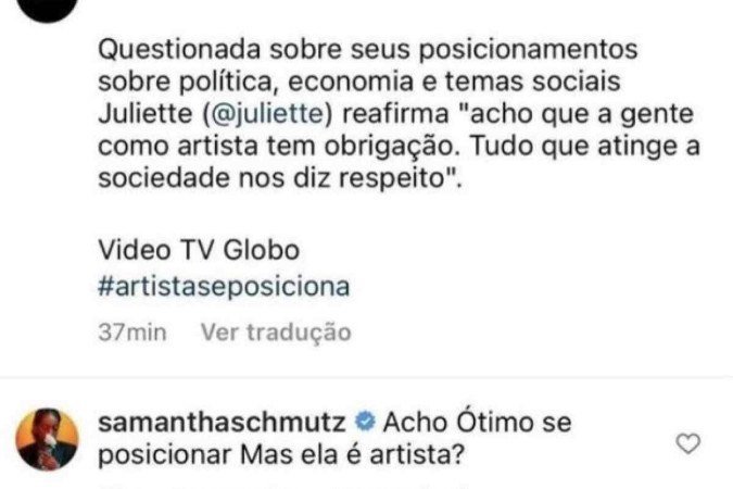 A humorista comentou uma publicação no instagram e alfinetou a ex-BBB
